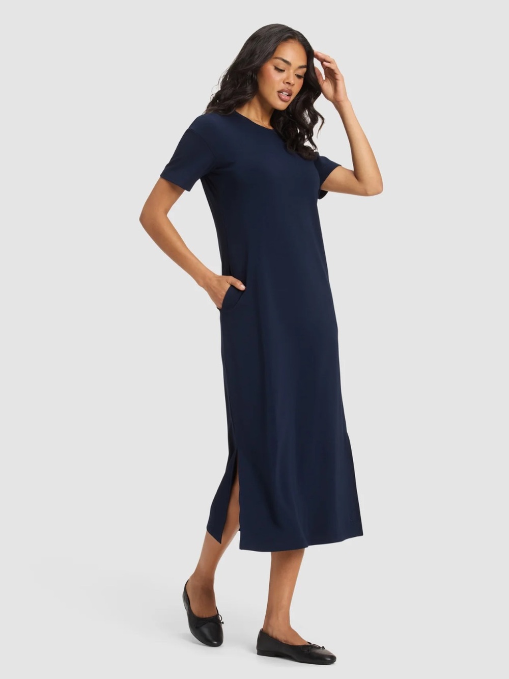 Cozy Earth Bamboo Navy Short-Sleeve Midi Dress with Side Slit